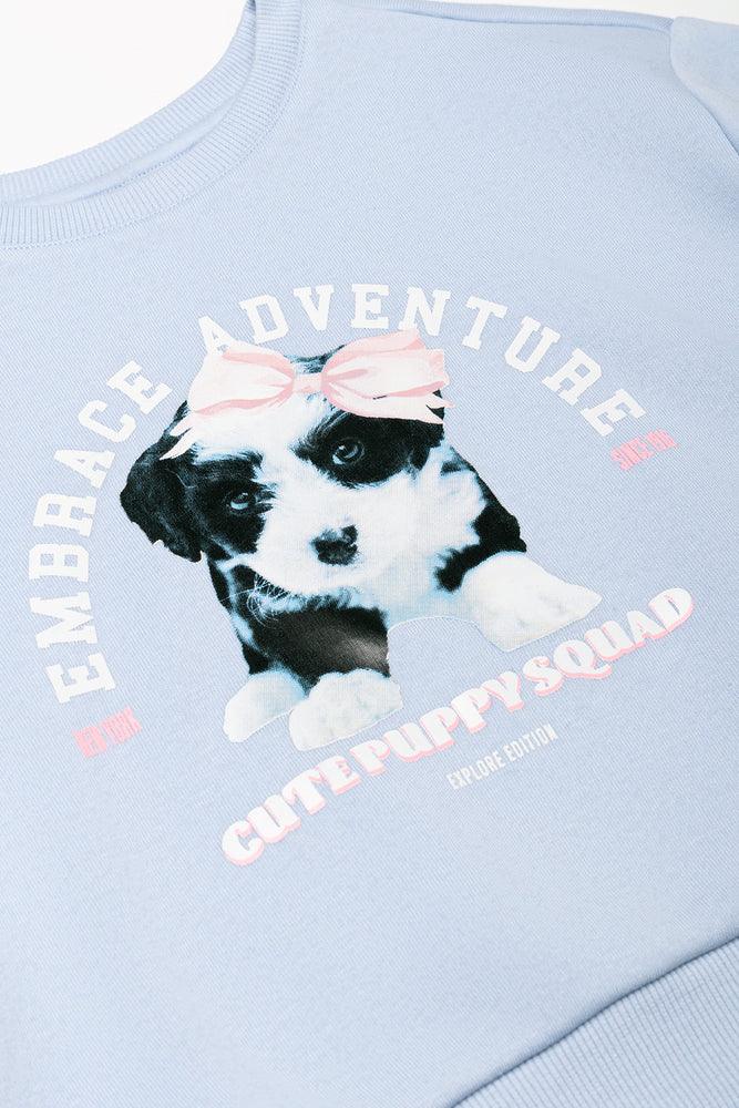 Puppy Crew Neck With Stripe Leggings Set Blue (1)