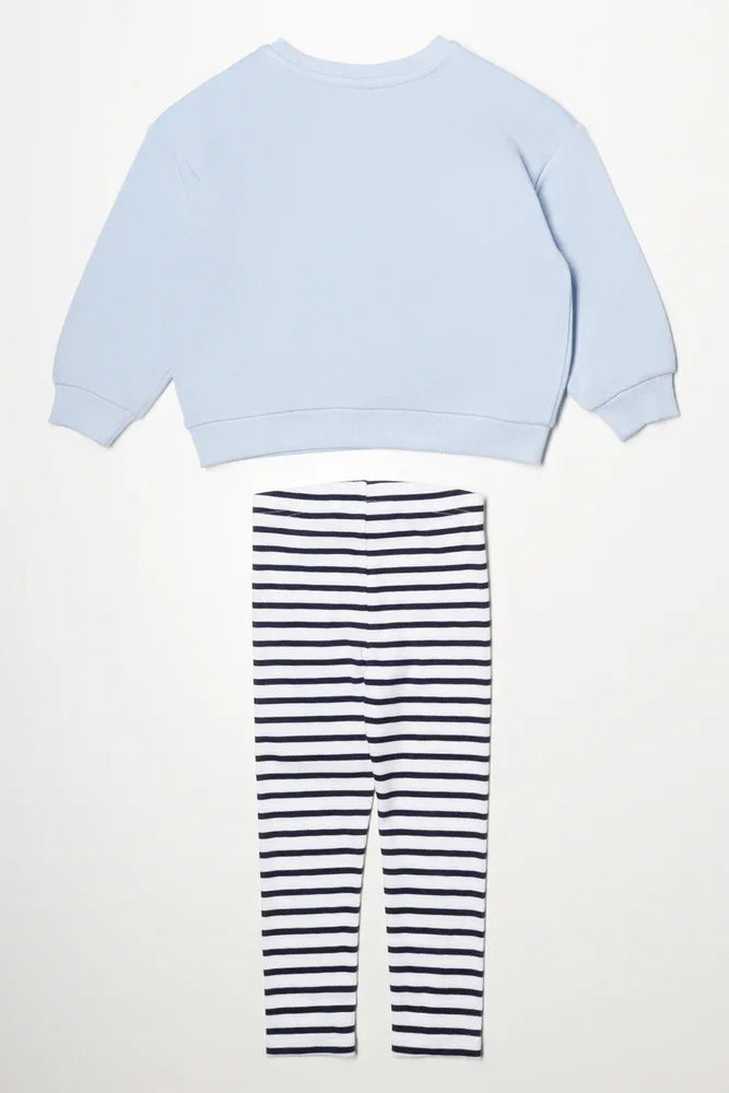 Puppy Crew Neck With Stripe Leggings Set Blue (3)