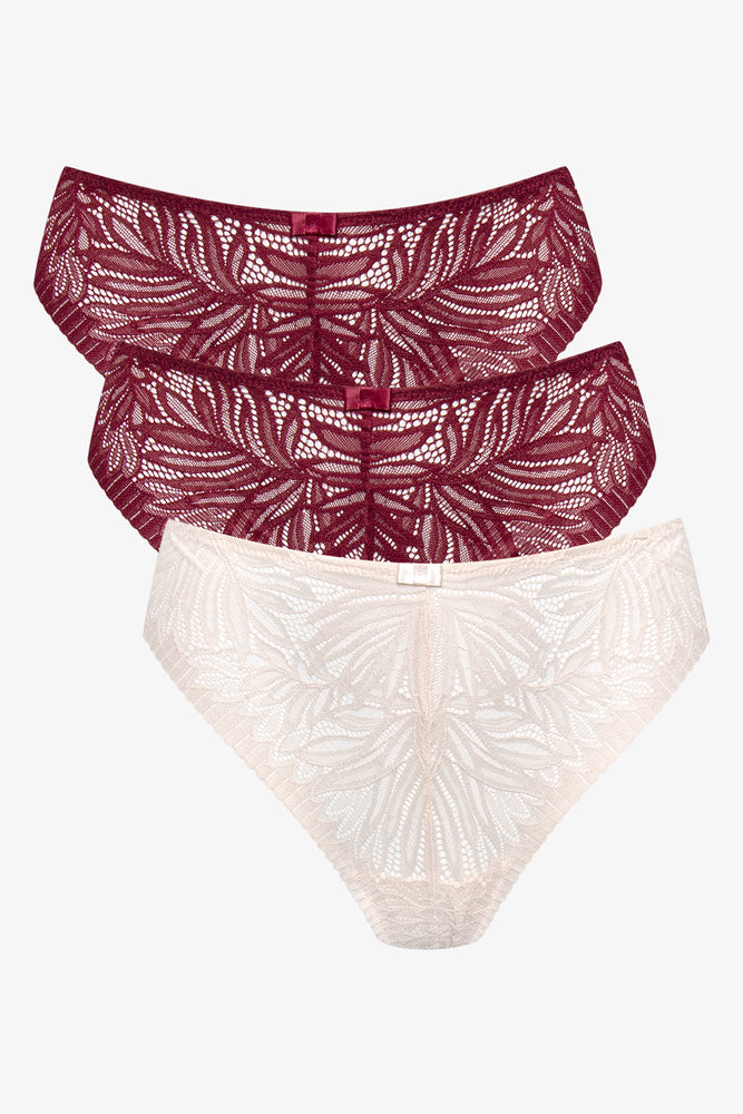 3 Pack Lace Thongs Burgundy And Natural