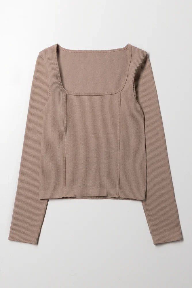 Long Sleeve Corset Style Top Brown