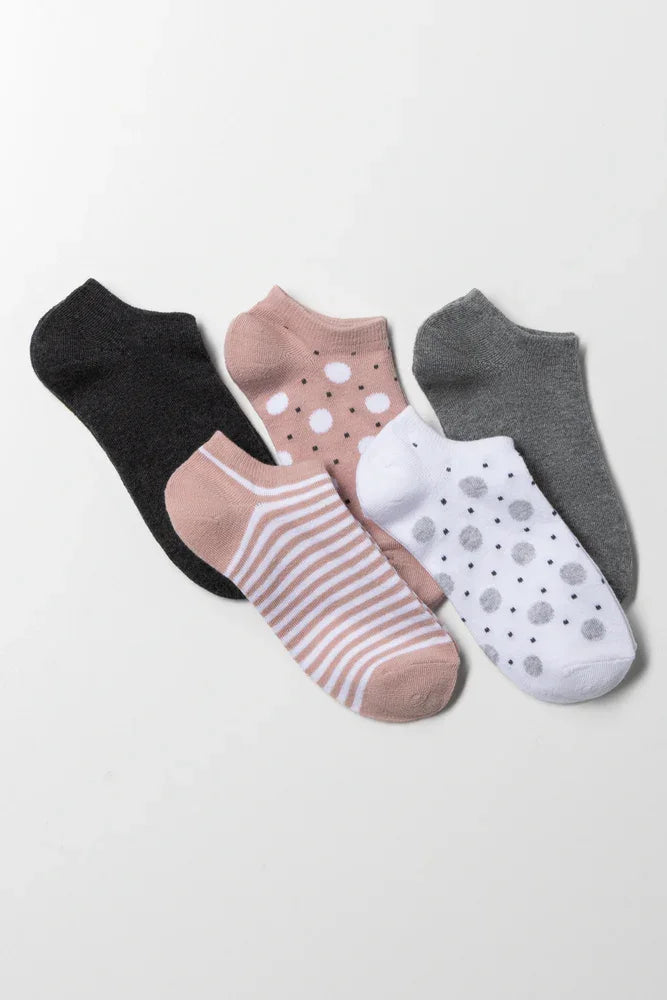 5 Pack Lowcut Socks Pink, Grey, White And Black