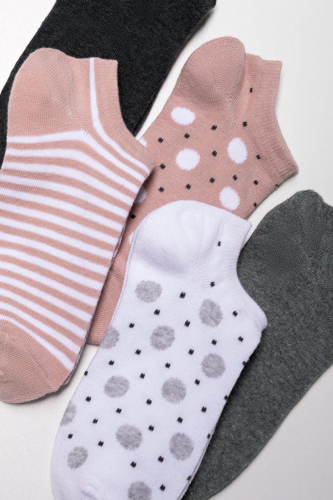5 Pack Lowcut Socks Pink, Grey, White And Black