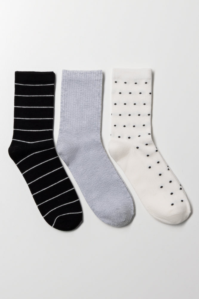 3 Pack Spot Socks Black, Grey And White