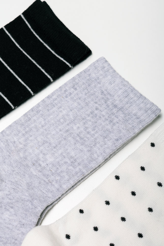 3 Pack Spot Socks Black, Grey And White