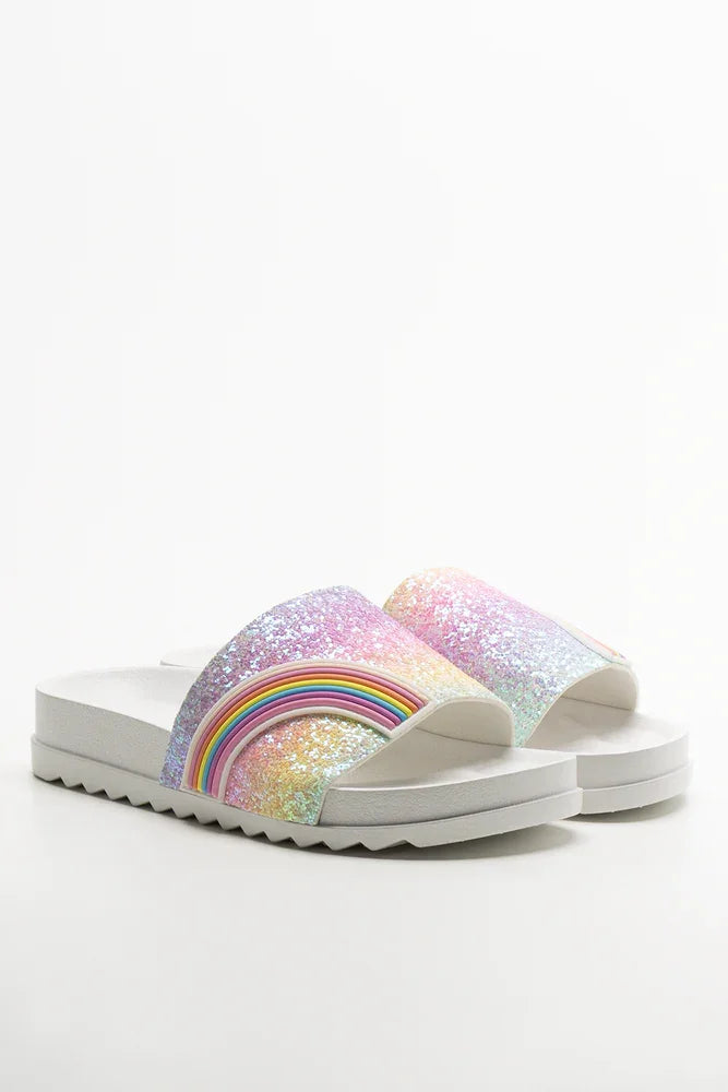 Rainbow Glitter Slides White