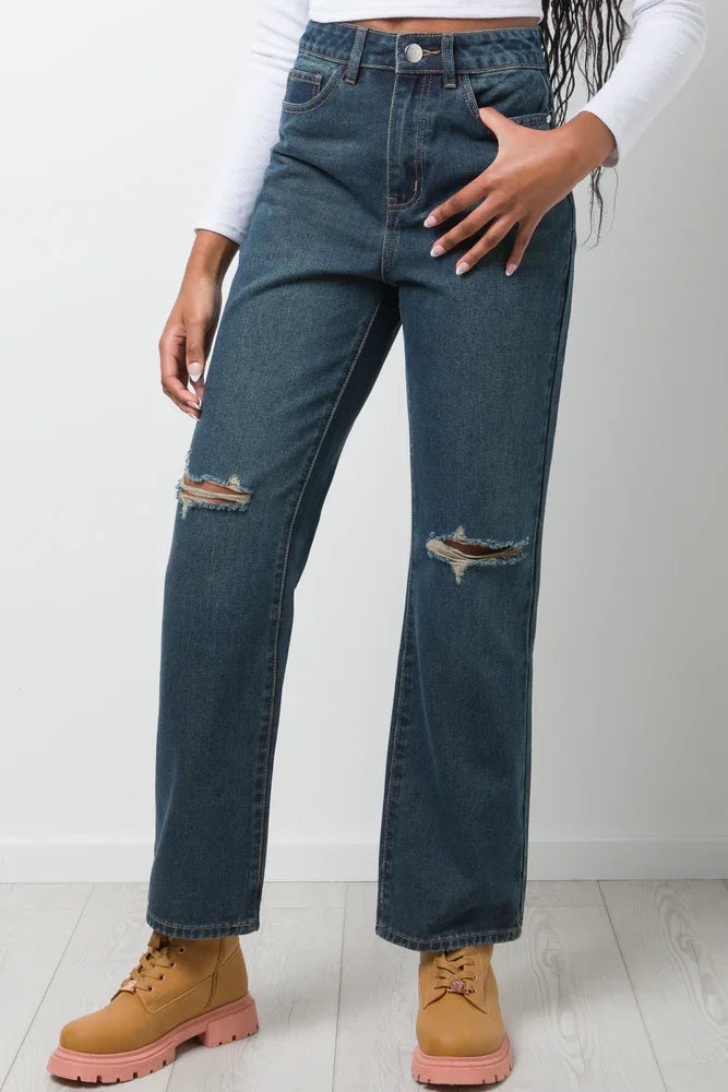 Ripped Straight Leg Denim Jeans Blue