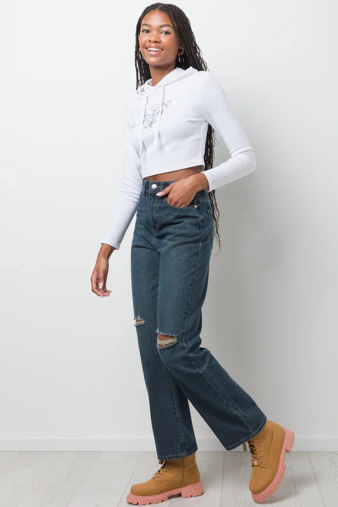 Ripped Straight Leg Denim Jeans Blue (2)