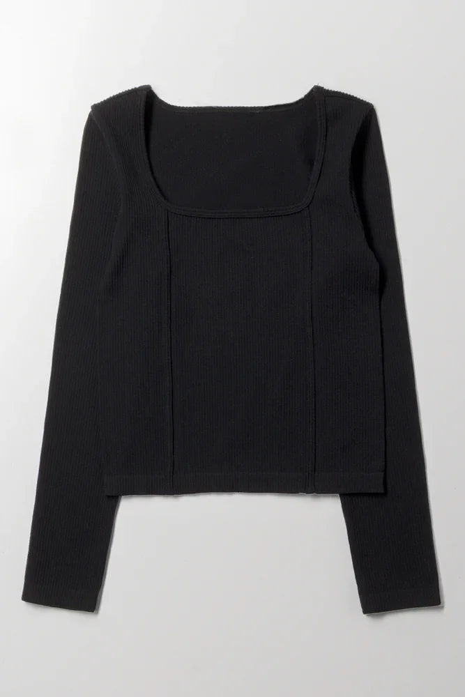 Long Sleeve Corset Style Top Black