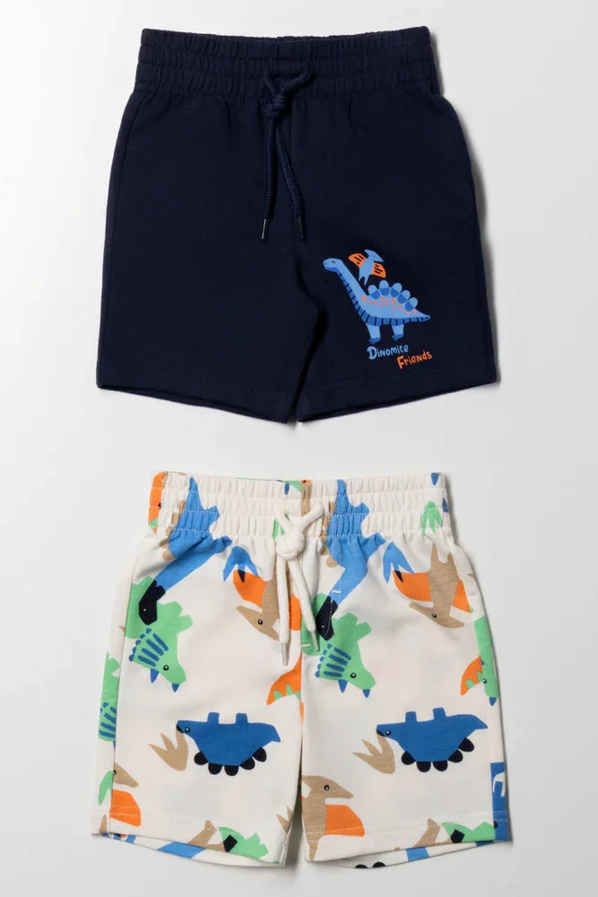 2 Pack Dinosaur Knit Shorts Navy And Cream