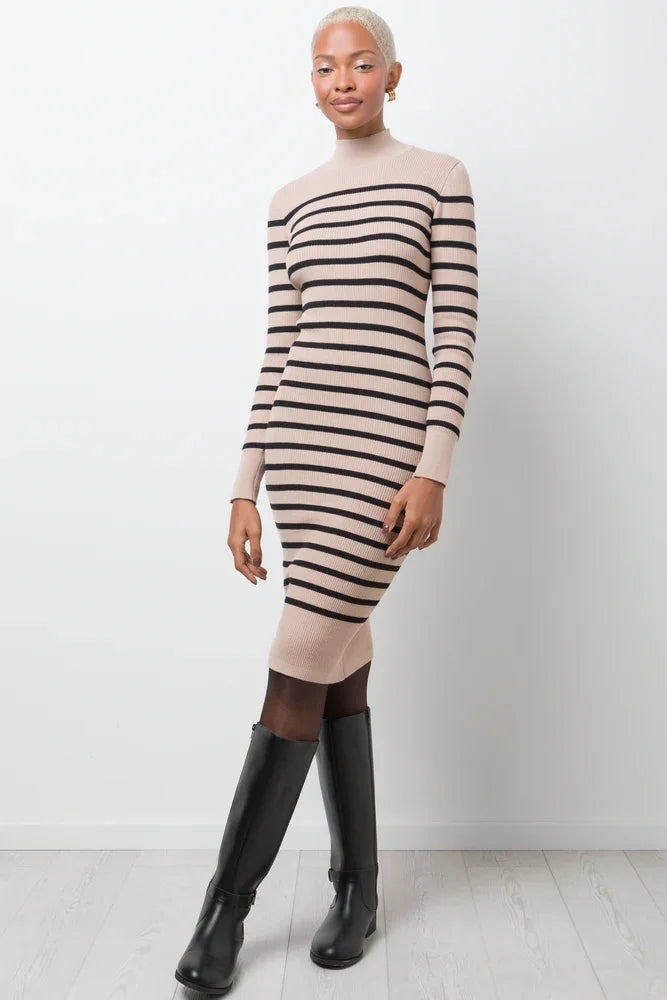 Striped Knitwear Bodycon Dress Natural And Black