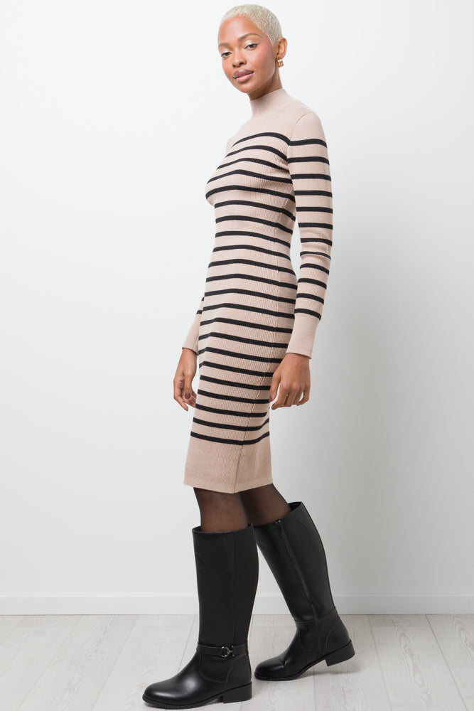 Striped Knitwear Bodycon Dress Natural And Black
