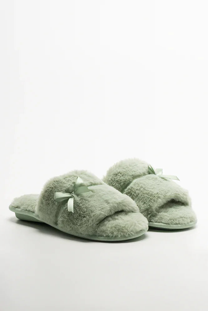 Satin Bow Open Toe Slippers Green