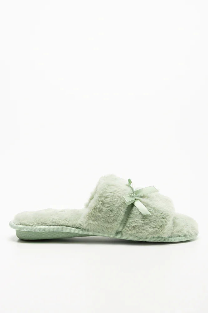 Satin Bow Open Toe Slippers Green