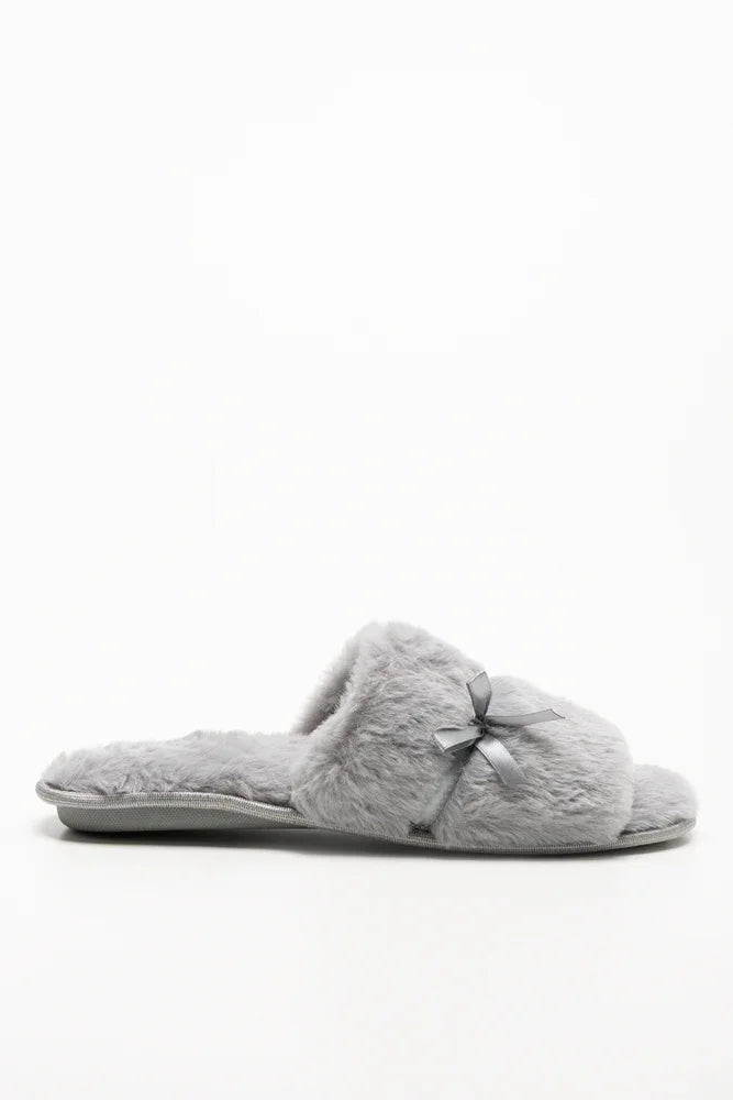 Satin Bow Open Toe Slippers Grey