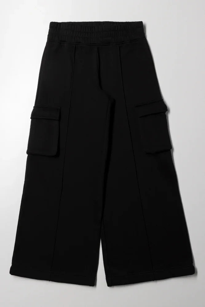 Wide Leg Cargo Trackpants Black