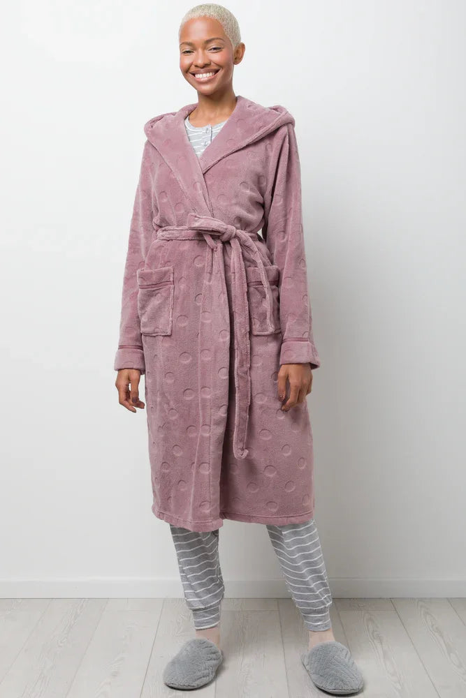 Animal Textured Hooded Fleece Gown Mocha
