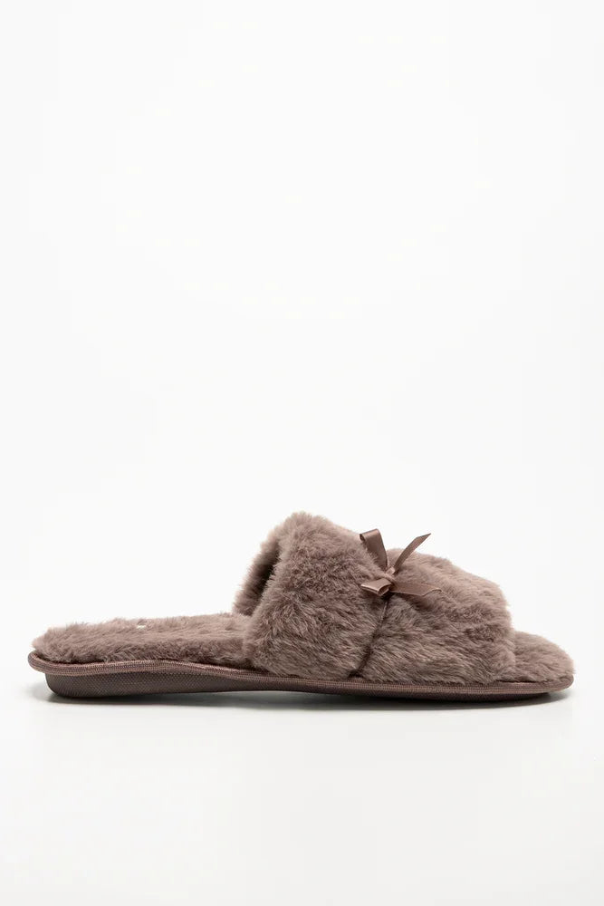 Satin Bow Open Toe Slippers Natural