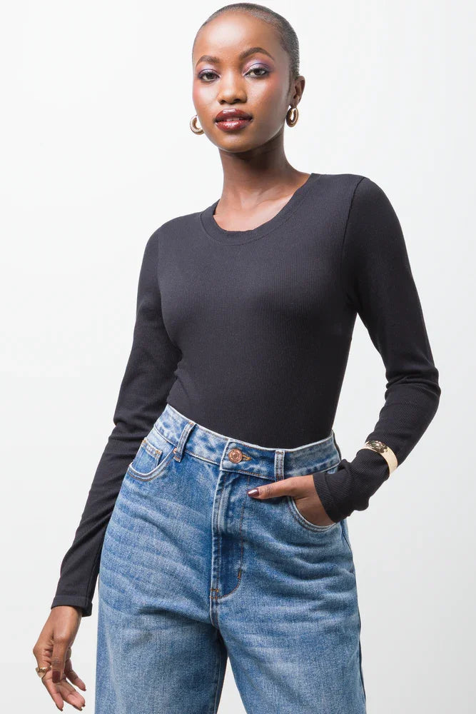 Rib Seamless Long Sleeve Bodysuit Black