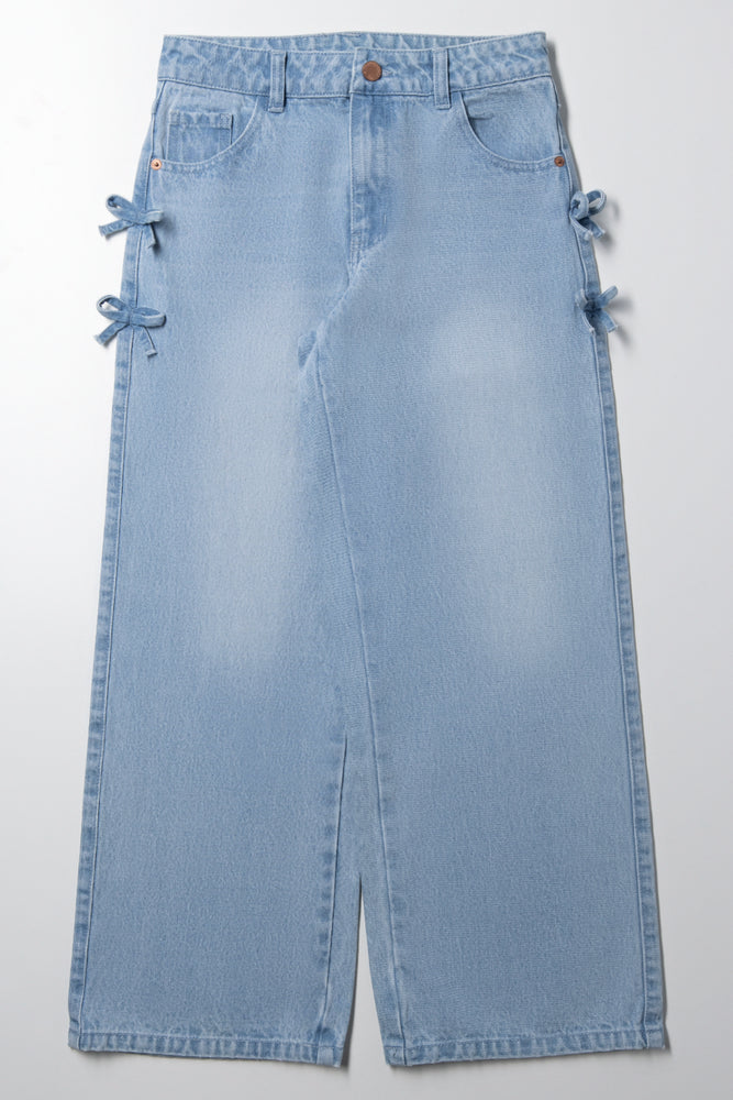 Bow Detail Straight Leg Denim Jeans Light Blue