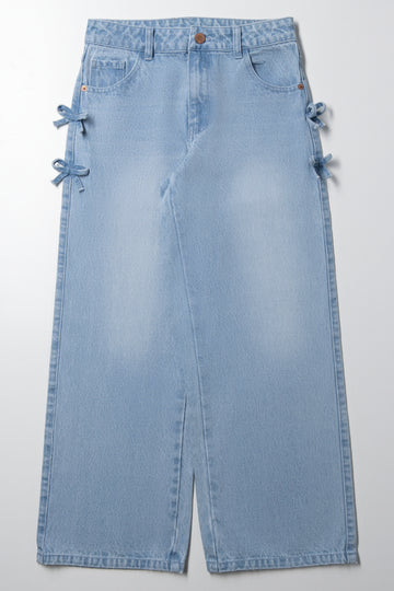 Bow Detail Straight Leg Denim Jeans Light Blue