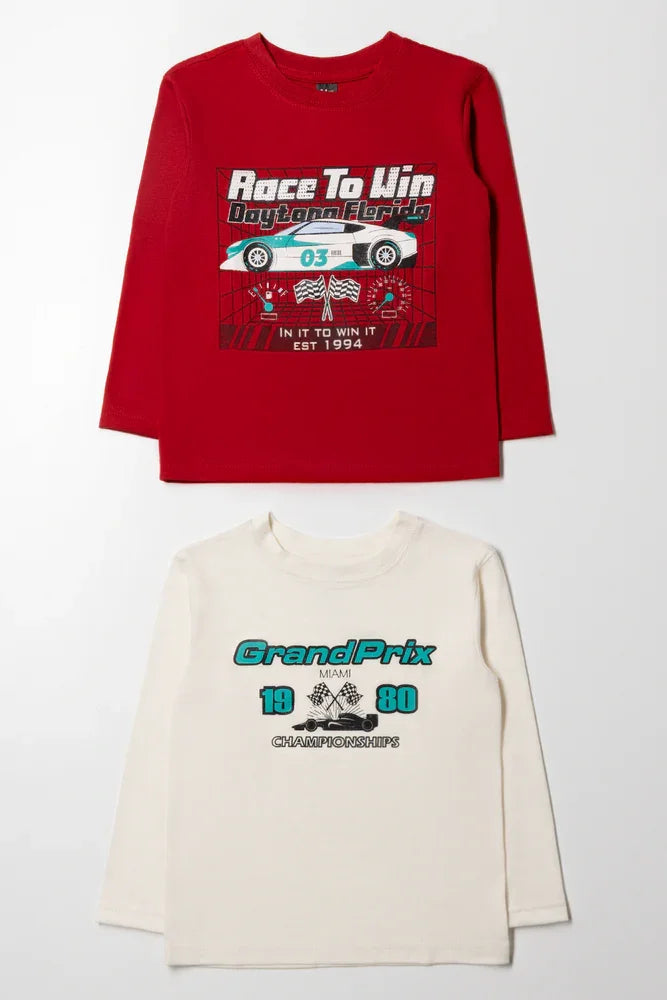 2 Pack Race Car Long Sleeve T-Shirts Cream And Red