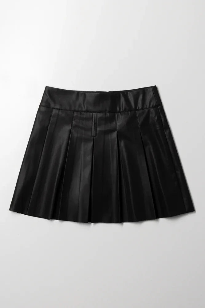 Pleated PU Skirt Black