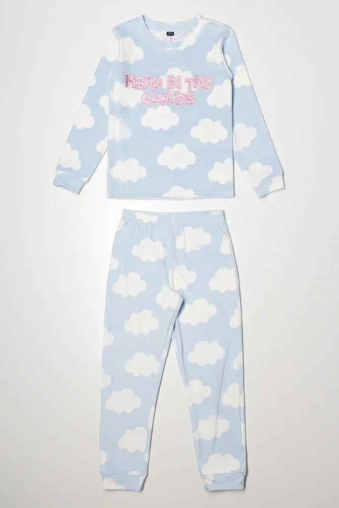 Head In The Cloud Fleece Pyjama Set Blue