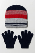 2 Piece Striped Beanie Set Red
