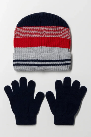 2 Piece Striped Beanie Set Red