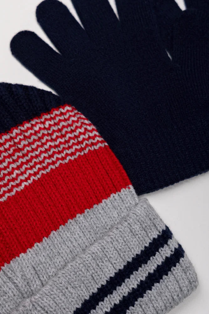 2 Piece Striped Beanie Set Red