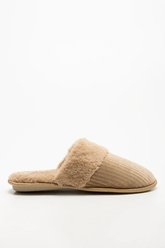 Fur Trim Closed Slippers Natural