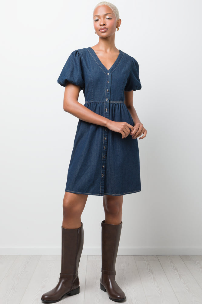 Puff Sleeve Fit And Flare Denim Dress