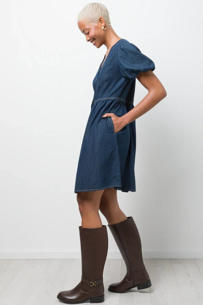 Puff Sleeve Fit And Flare Denim Dress