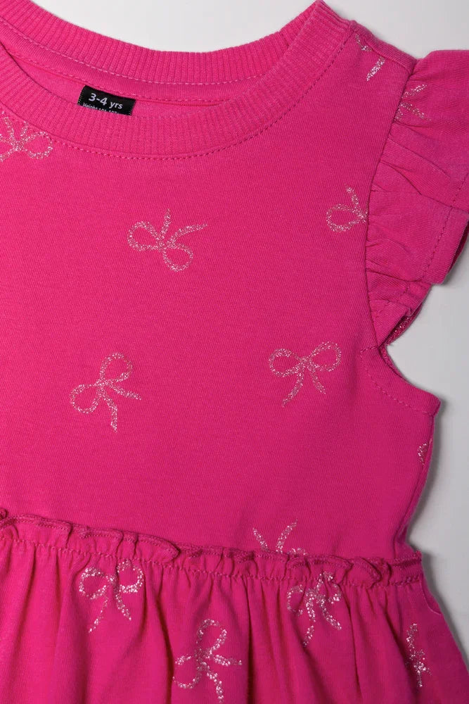 Bow Flutter Sleeve Dress Pink