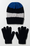 Stripe Beanie And Gloves Set Grey And Navy
