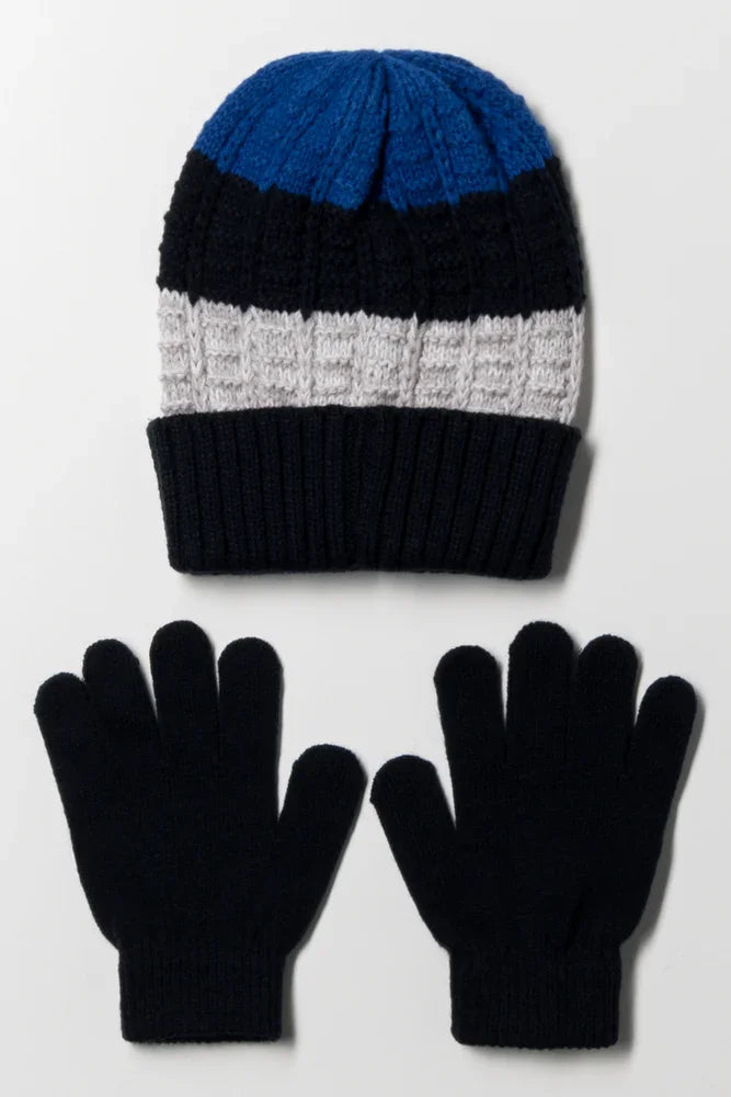 Stripe Beanie And Gloves Set Grey And Navy