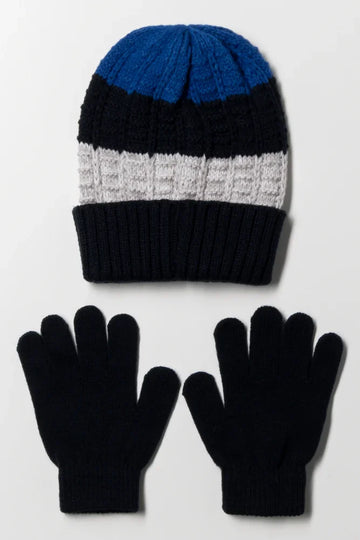 Stripe Beanie And Gloves Set Grey And Navy