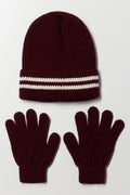 Stripe Beanie And Gloves Set Burgundy