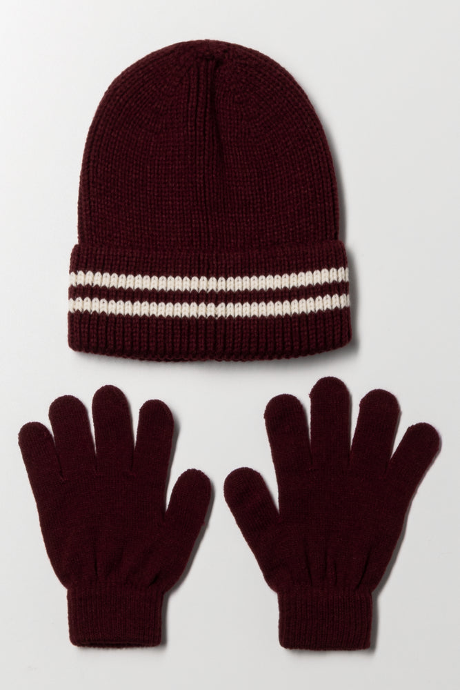Stripe Beanie And Gloves Set Burgundy
