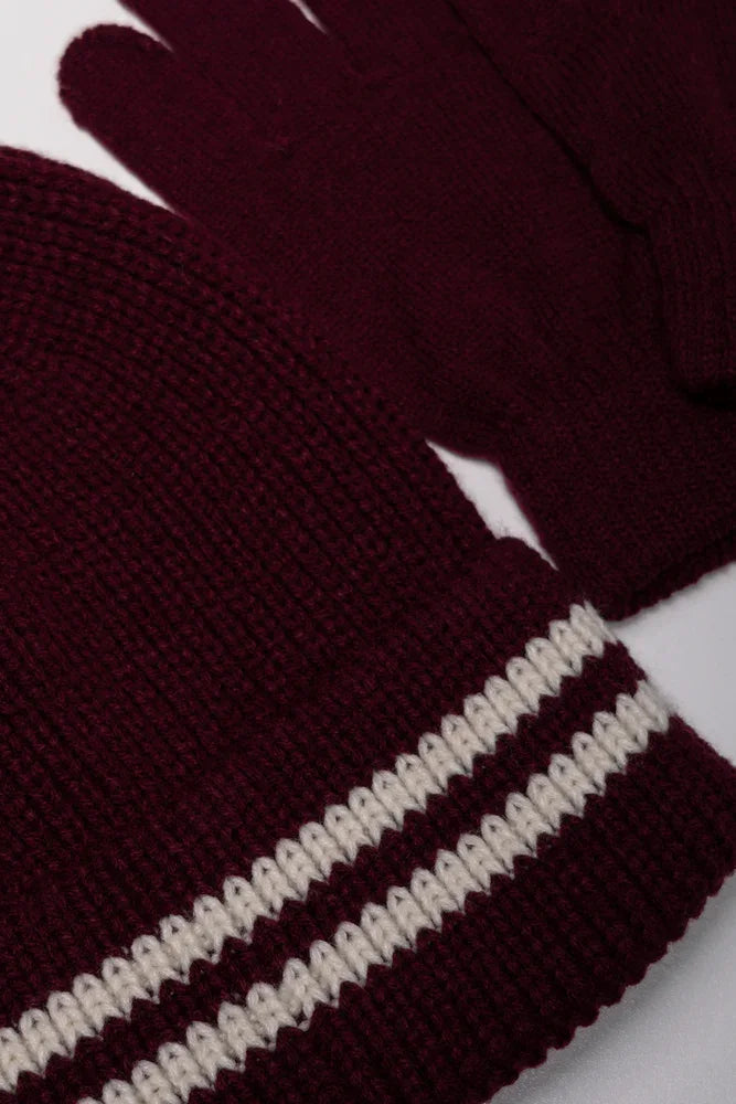 Stripe Beanie And Gloves Set Burgundy