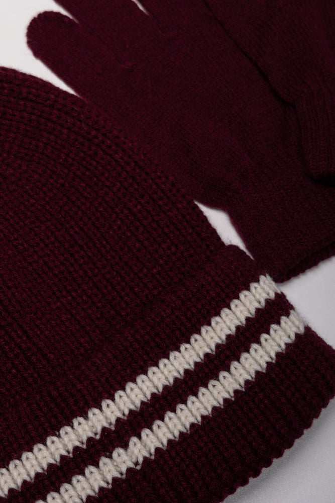 Stripe Beanie And Gloves Set Burgundy (1)