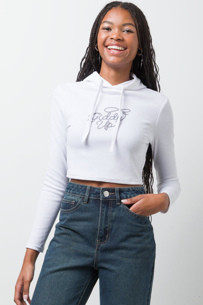 Long Sleeve Rib Top With Hood White