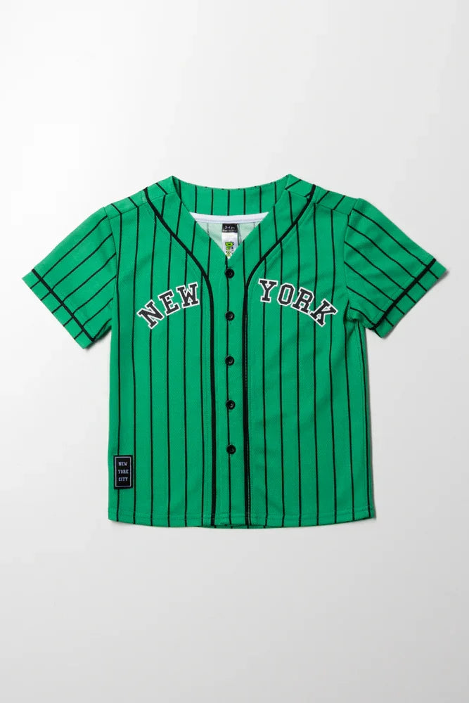 Baseball Stripe Button Through T-Shirt Green
