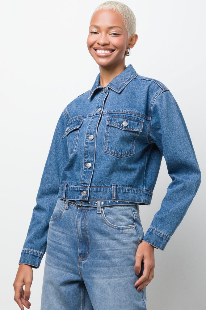 Cropped Ladies Jeans Coat Short Sleeve Denim Jacket For Women