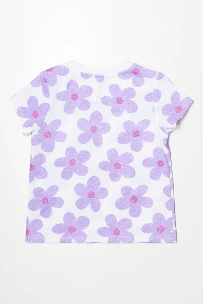 Floral Short Sleeve T-Shirt White And Purple (1)
