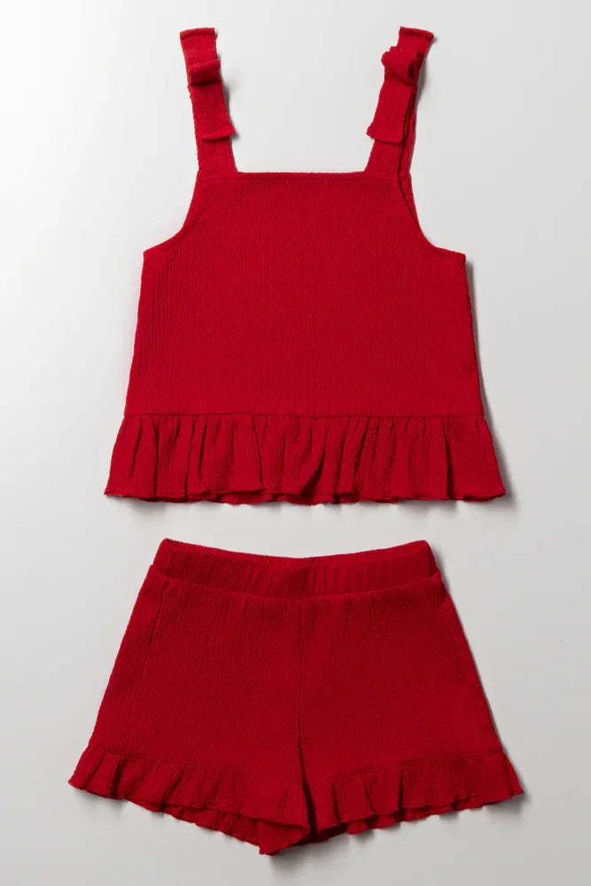 STRAPPY PEPLUM TEXTURED KNIT SET RED