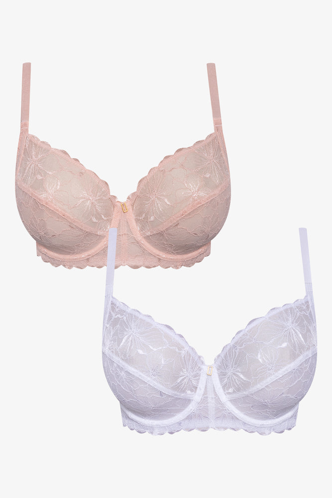 Plus Size 2 Pack Lace Non Padded Underwire Bra Natural And White