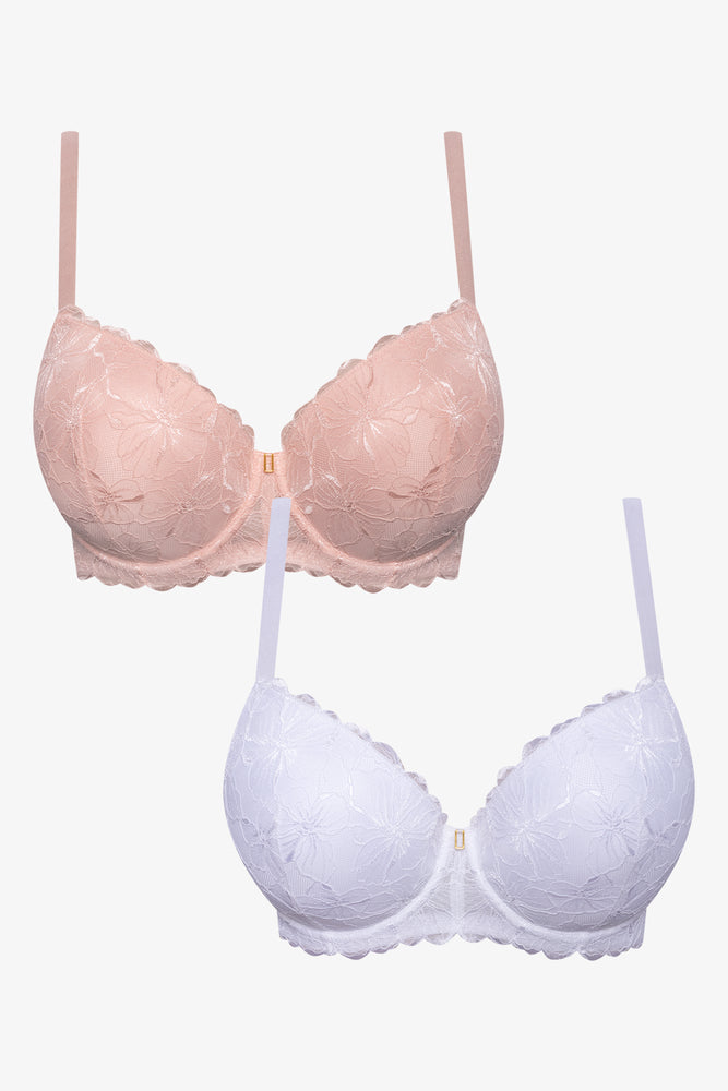 Plus Size 2 Pack Lace Balconette Bra Natural And White