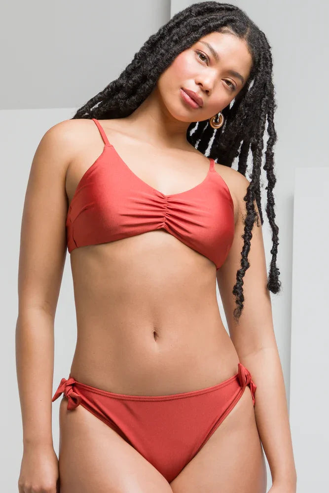 Self Tie Bikini Bottom With Ruching Rust