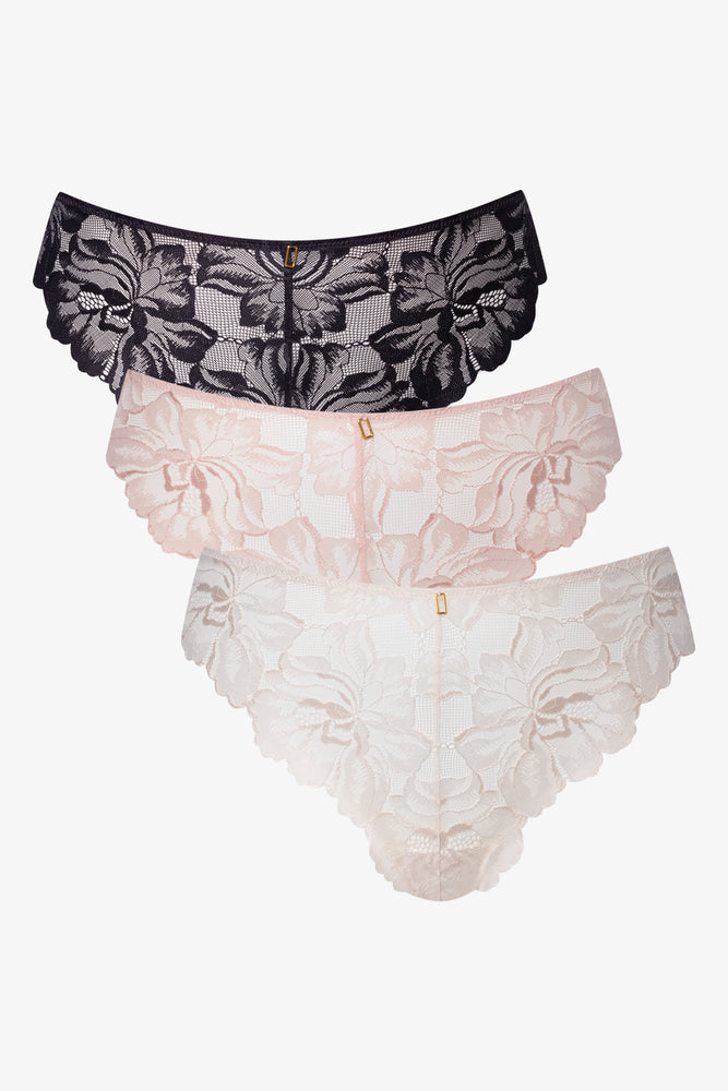 3 Pack Lace Thong Black, Pink And Natural